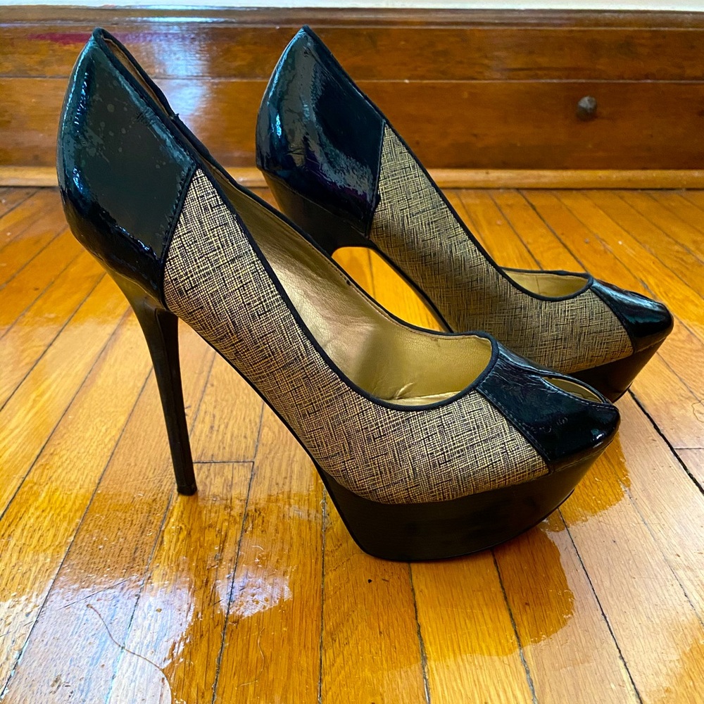 Black and gold sky-HIGH platform peep toe heels!